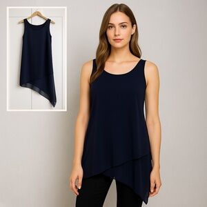 SAKS FIFTH AVENUE Flowy Asymmetrical Tulip Hem Sleeveless Dark Blue Tunic Top M
